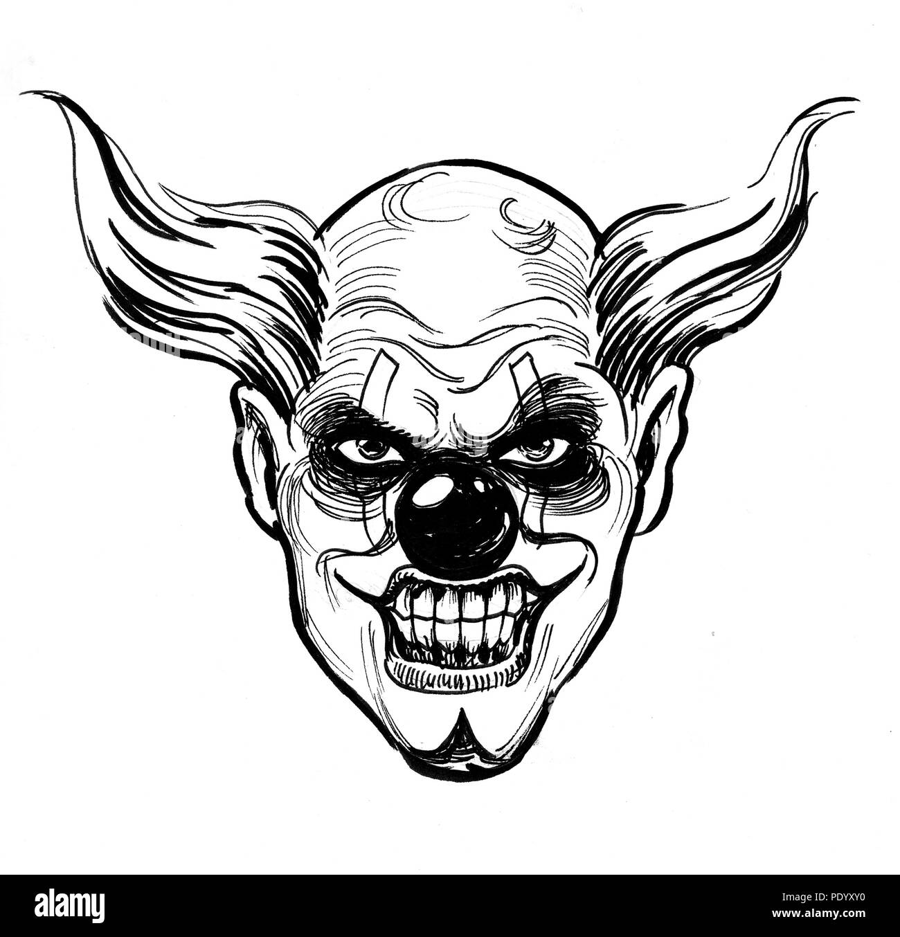 Evil clown face. Ink black and white cartoon Stock Photo
