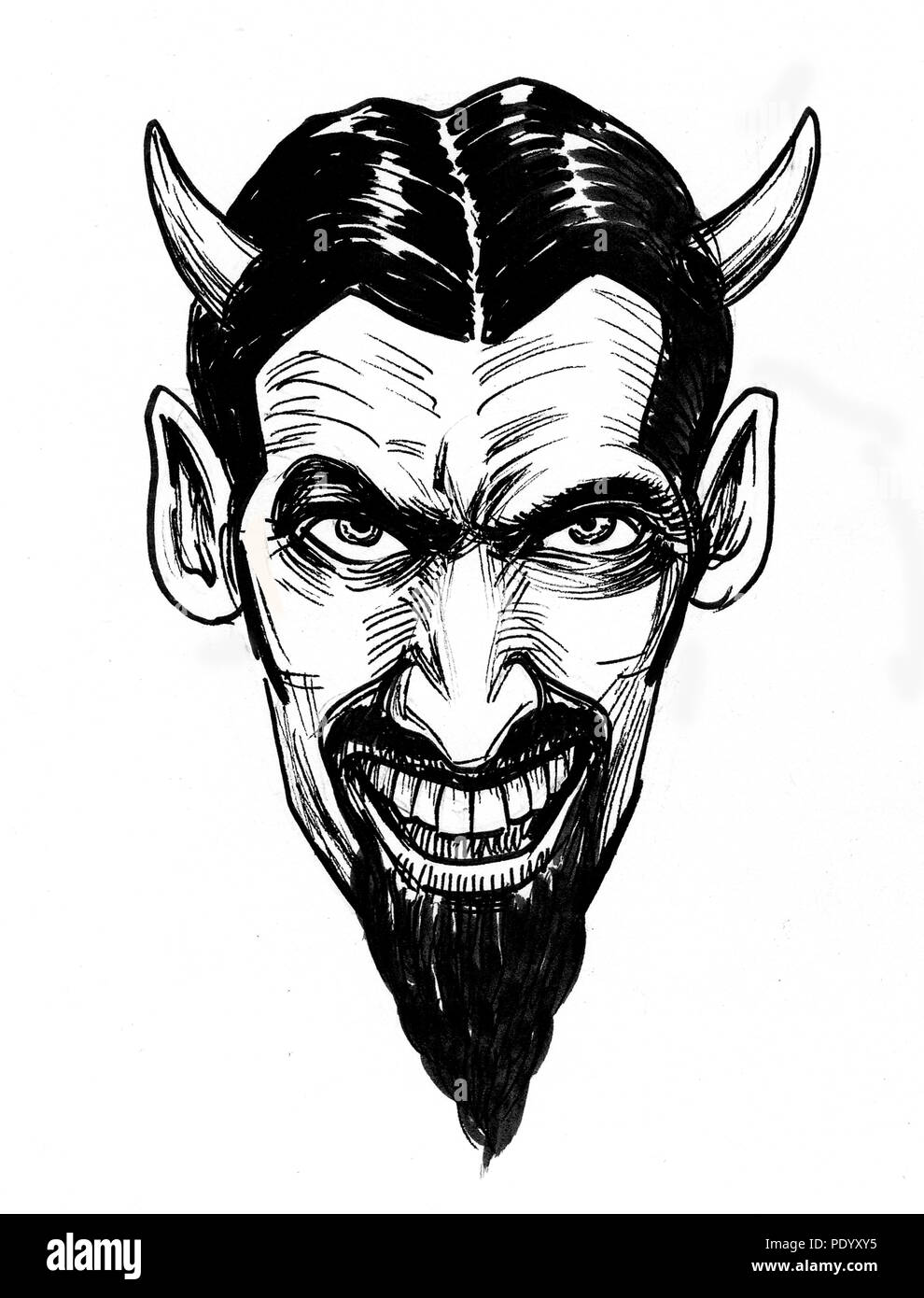 Devil's head smiling. Ink black and white illustration Stock Photo - Alamy