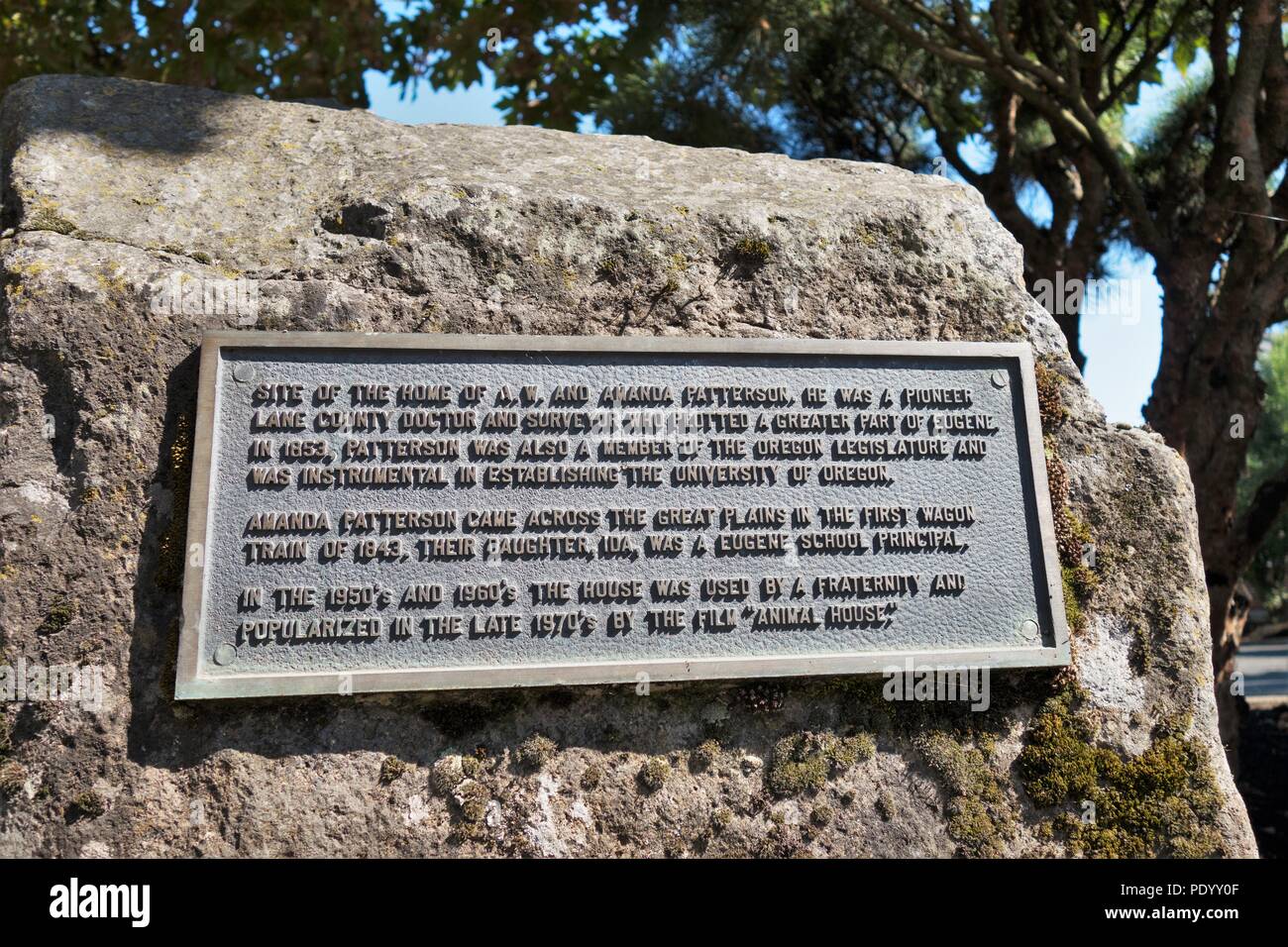 A plaque where once stood the location of the fictional Delta House, in the movie Animal House, on the 40th anniversary of the release of the movie. Stock Photo