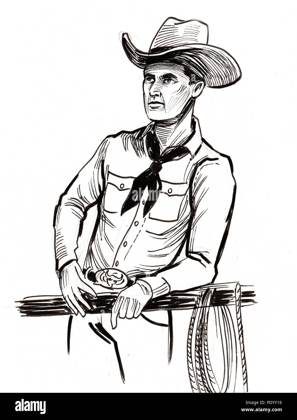 Cowboy character. Ink black and white illustration Stock Photo - Alamy