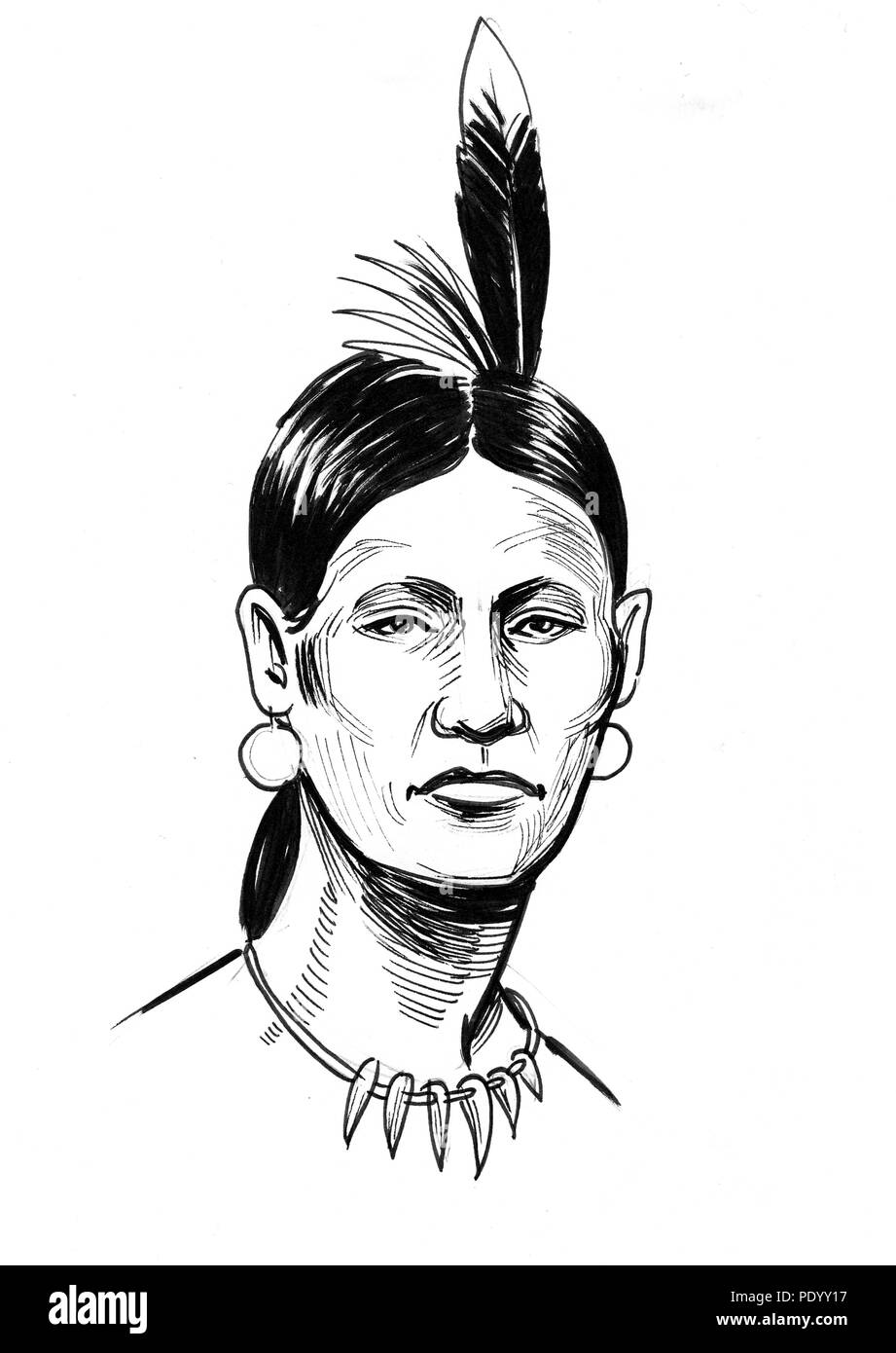 Native American warrior. Ink black and white illustration Stock Photo