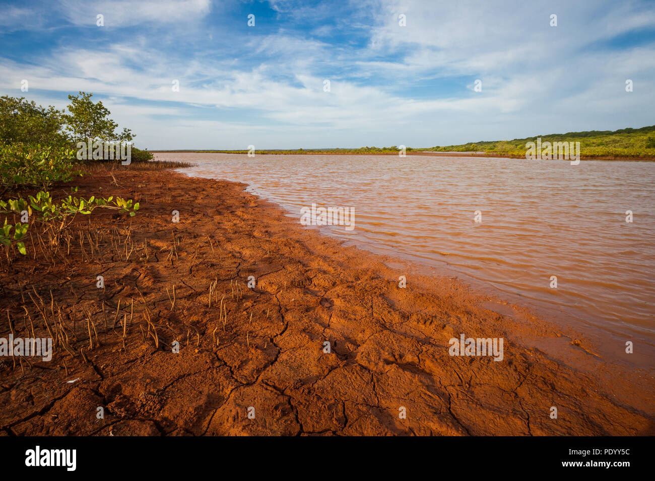 Panama landscape with cracked soil and a small lake in Sarigua national park (desert), Herrera province, Republic of Panama. Stock Photo
