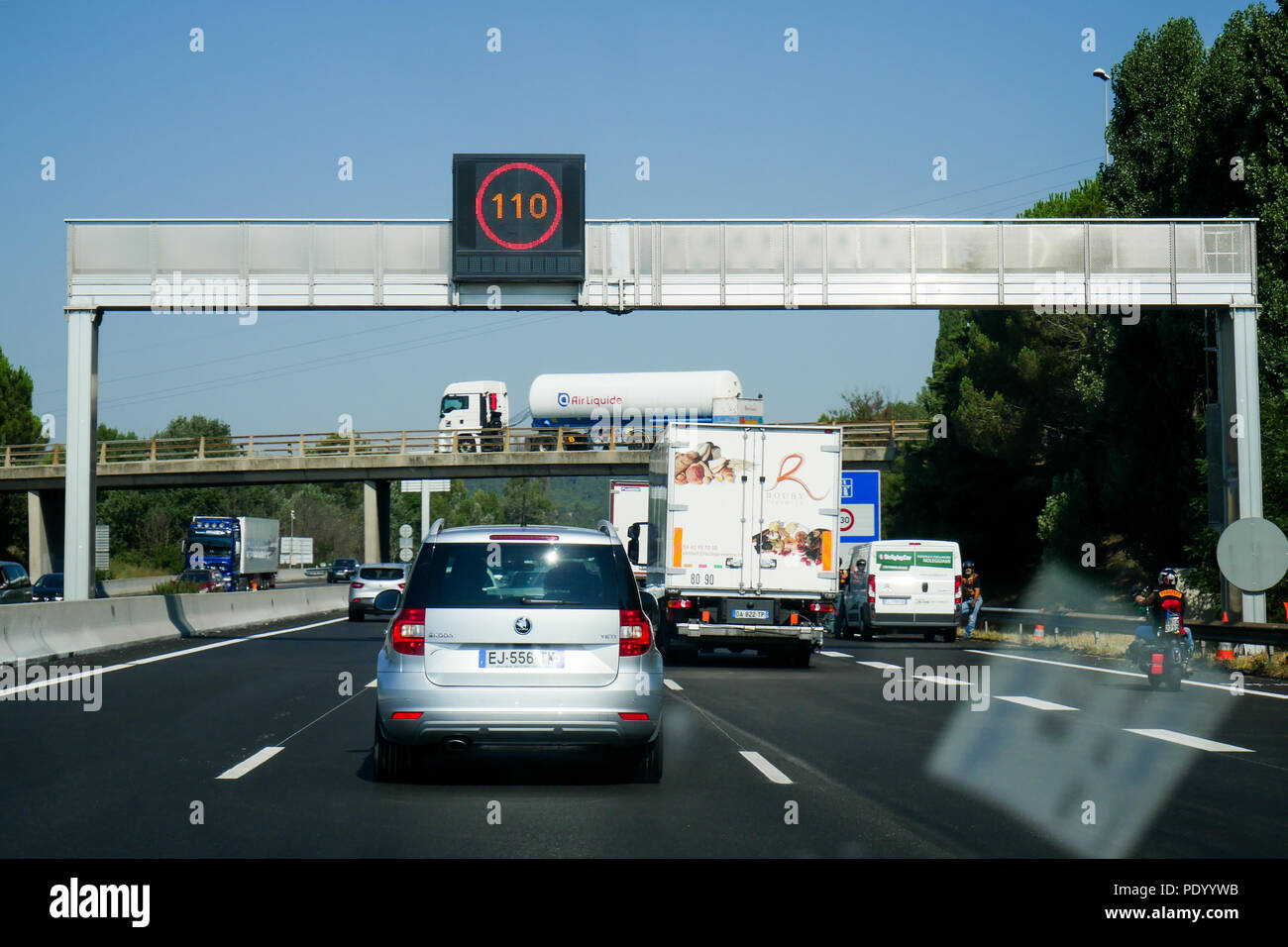 Driving on A7 highway - Autoroute du Soleil - illustration, Rhone Valley, France Stock Photo