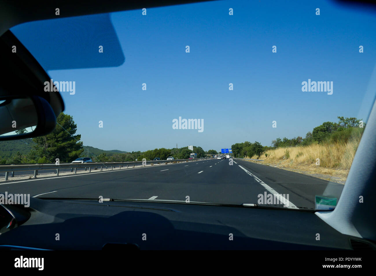 Driving on A7 highway - Autoroute du Soleil - illustration, Rhone Valley, France Stock Photo