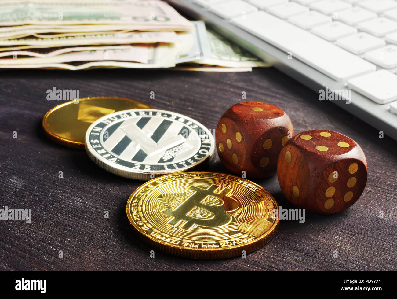 Cryptocurrency trading. Crypto coins and dices. Bitcoin and ethereum. Stock Photo