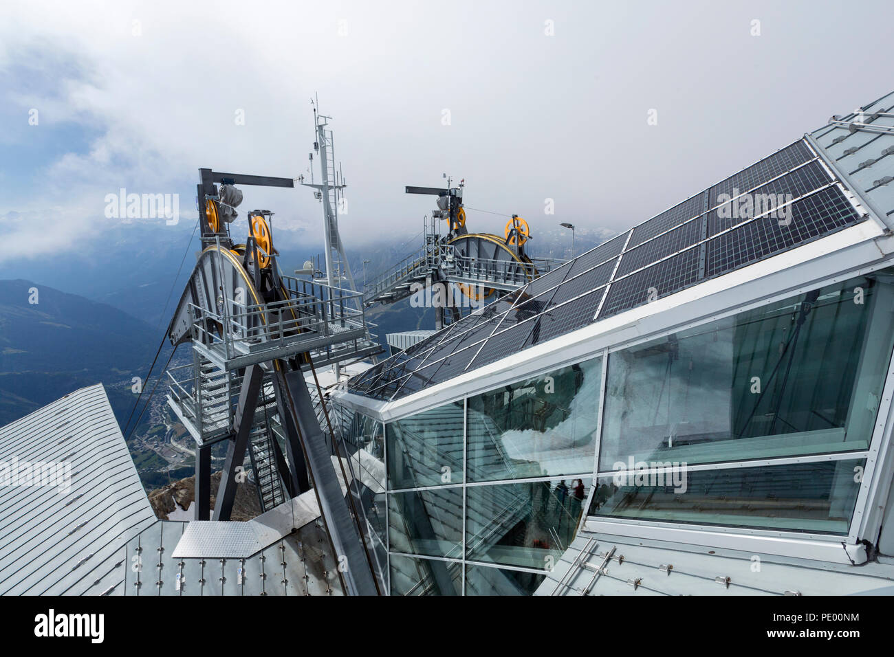 COURMAYEUR, ITALY, AUGUST 2: view of the engineering technology of Skyway on the roof of the panoramic terrace Punta Helbronner near Monte Bianco (Mon Stock Photo