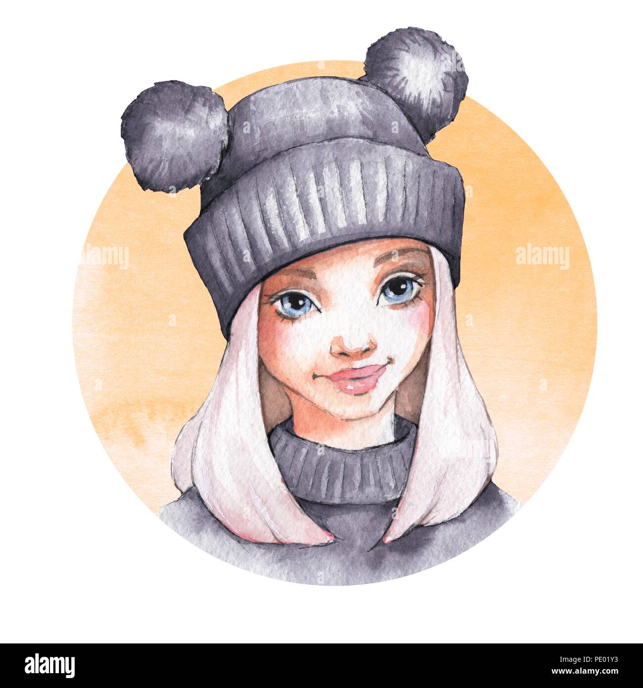 Cute cartoon girl in warm hat. Watercolor illustration Stock Photo
