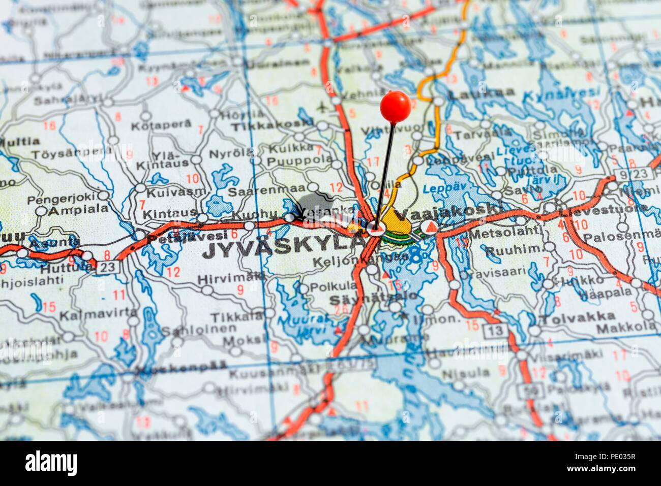 Sweden Stockholm, 07 April 2018: European cities on map series. Closeup of Jyväskylä Stock Photo