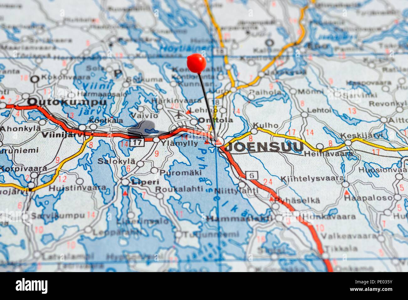 Sweden Stockholm, 07 April 2018: European cities on map series. Closeup of Joensuu Stock Photo