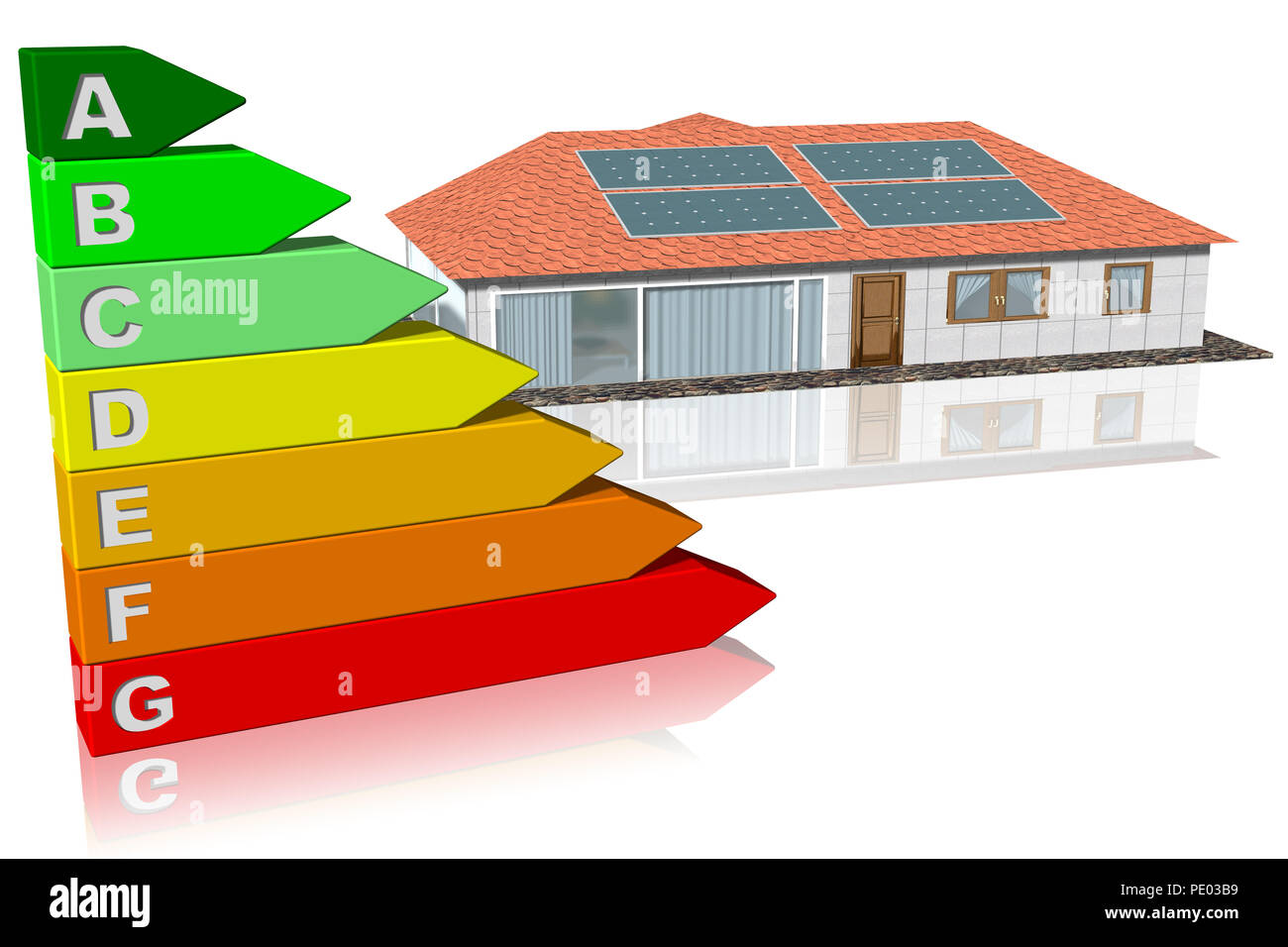 3D illustration. Residential house with energy saving symbol. Stock Photo