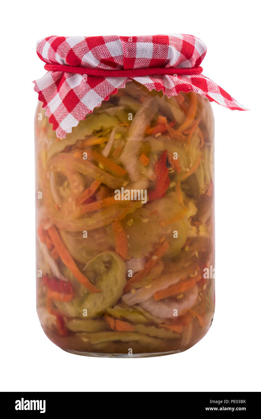 Jar with preserved food Sauerkraut, isolated on white Stock Photo
