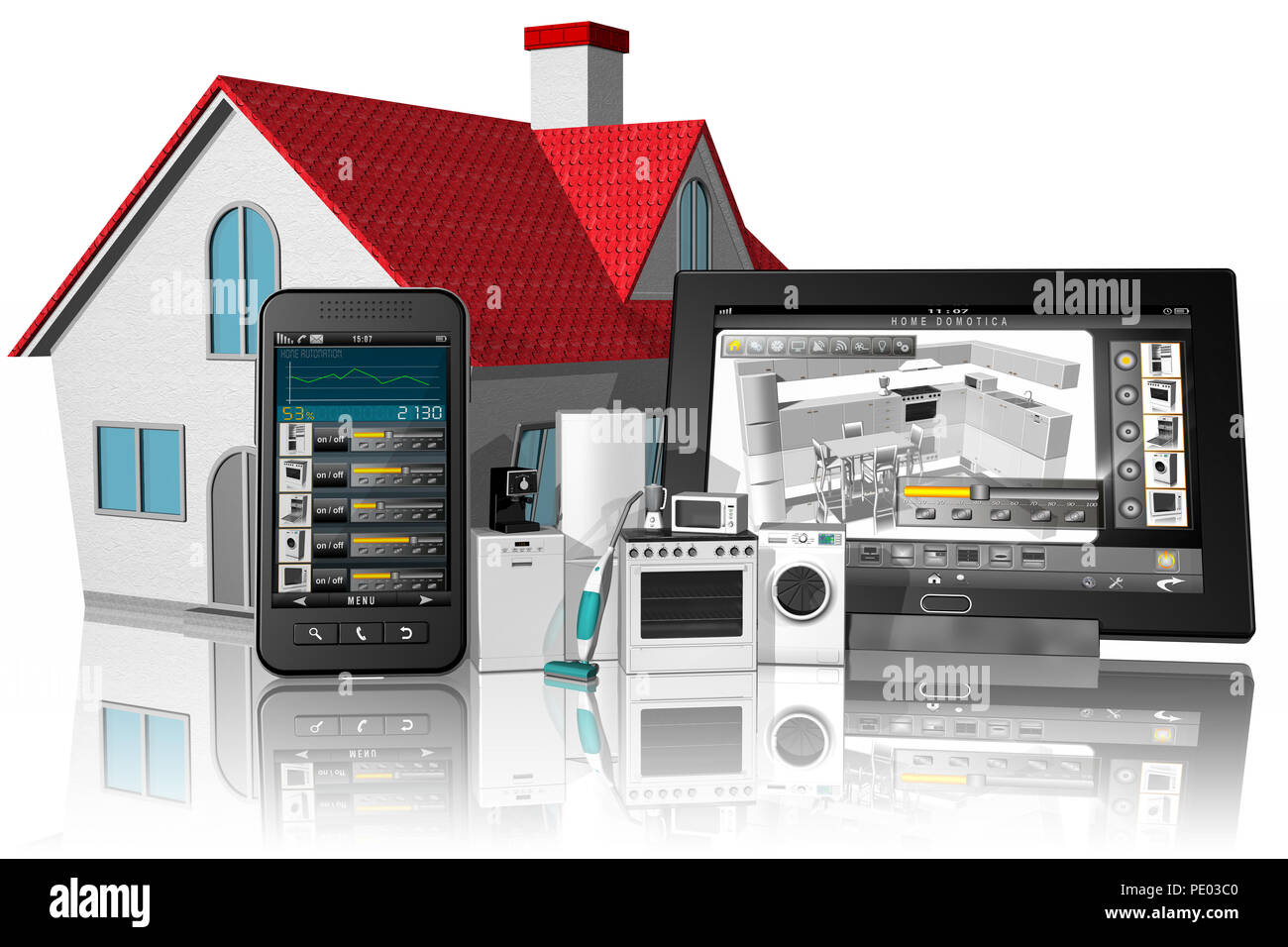 3D illustration. Home appliance application interface, home appliances and kitchen. Stock Photo