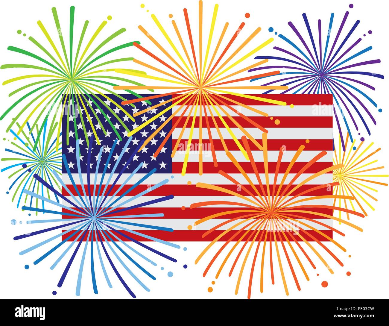 Fireworks display over USA American Flag for New Year or 4th July Independence Day celebration color illustration Stock Vector