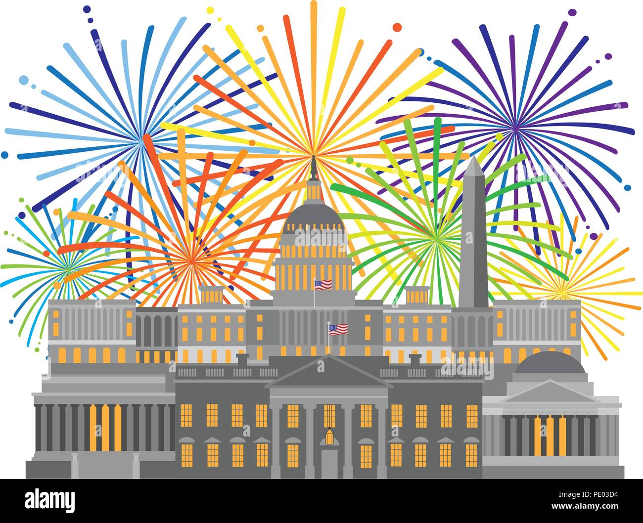 Fireworks over Washington DC Monuments Landmarks Capitol and Memorials Collage Isolated on White background Illustration Stock Vector