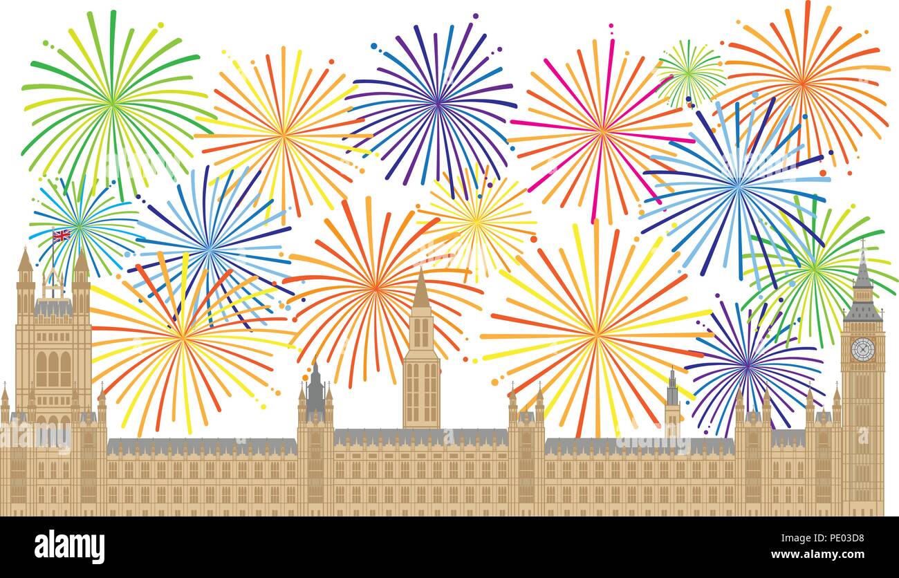 Palace of Westminster Houses of Parliament with Big Ben Clock Tower in London and Fireworks Illustration Stock Vector