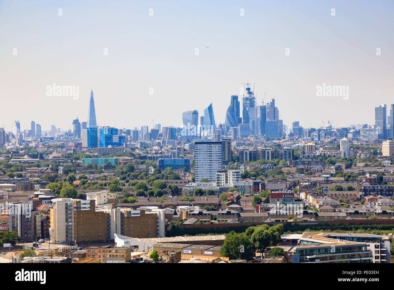 London skyline from the Arcelormittal Orbit sculpture viewing deck. Queen Elizabeth Olympic Park, Stratford, London, England Stock Photo