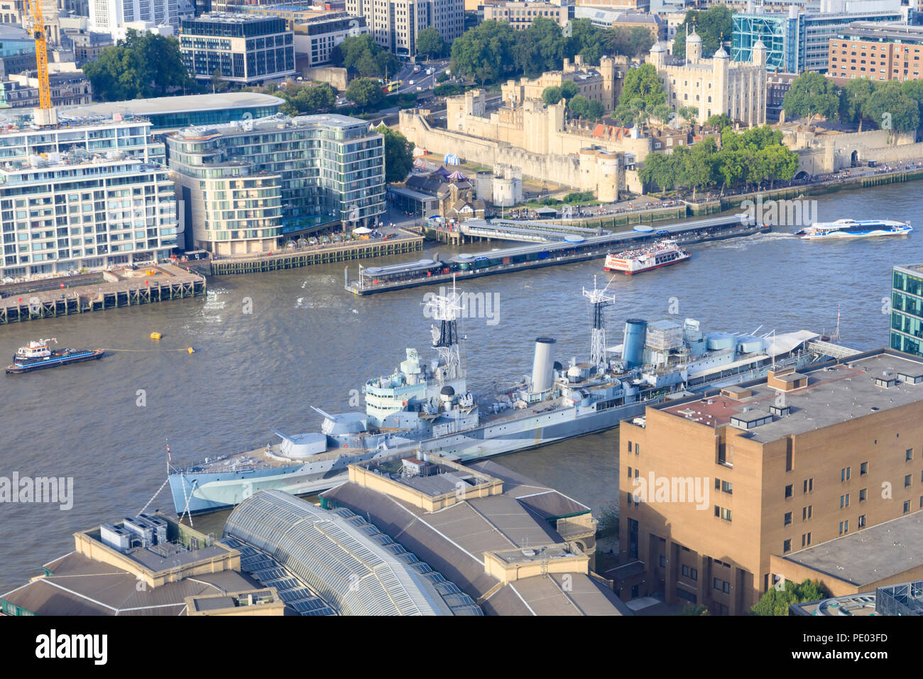 Historic Second World War British Navy battleship, HMS Belfast, moored on the River Thames. Taken from above at the Shard 32 floor. London, England Stock Photo