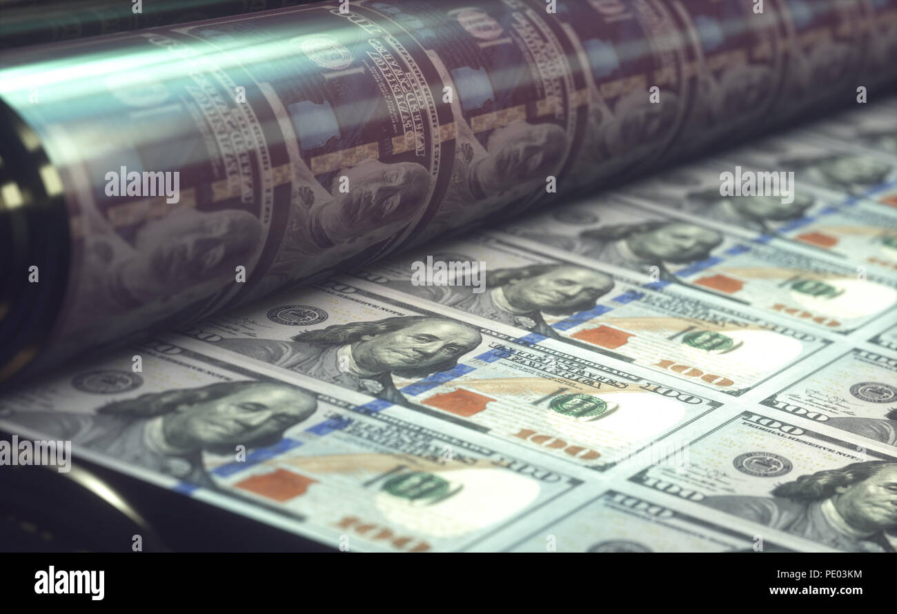 Printing US dollar bills. Concept of United States economy, buying and selling banknotes in the worldwide. Global finance and business. Stock Photo