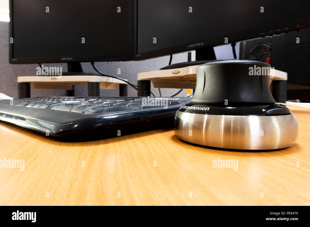 business desk office interior with mouse and keyboard to computer