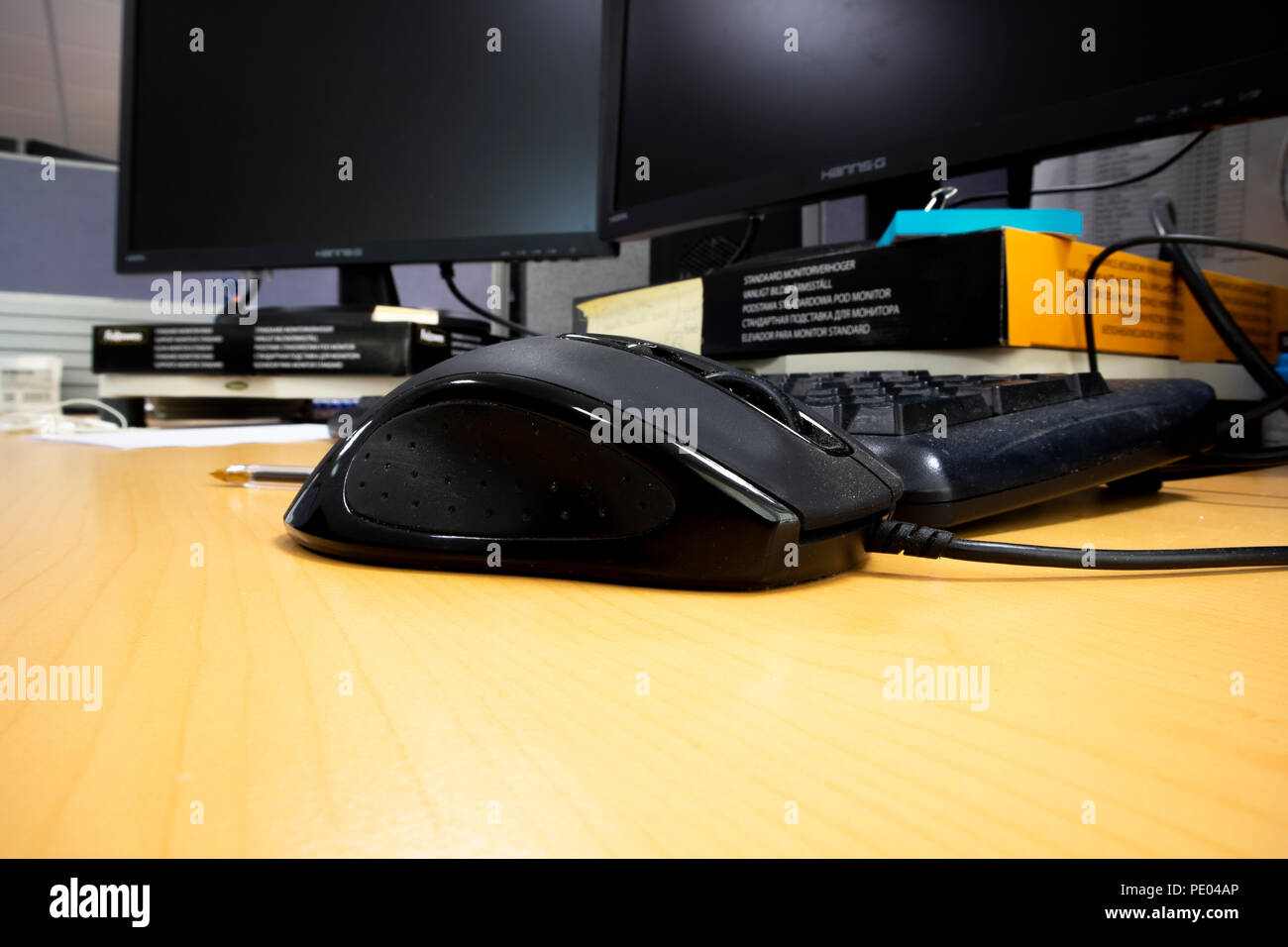business desk office interior with mouse and keyboard to computer