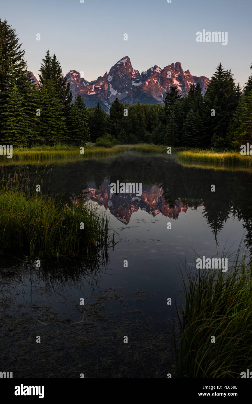This is the picture of Grand Teton during sunrise at Schwabacher's Landing, Wyoming. Stock Photo