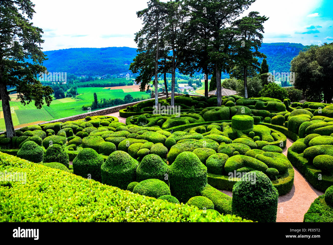 Gardens and topiary of the Chateau de Marqueyssac near the village od Domme in the Dordogne region of France Stock Photo