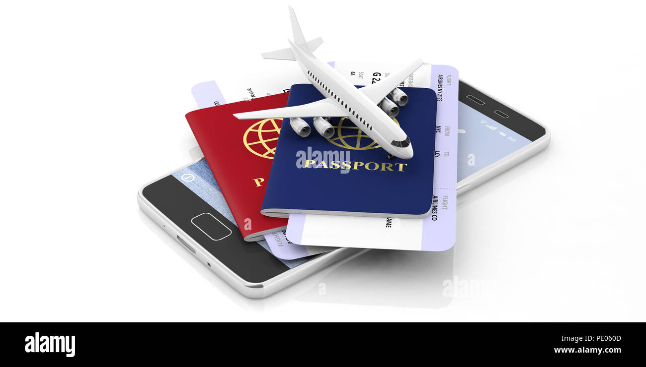 Air travelling and technology concept, passport and boarding pass. Two passports and airplane tickets on a mobile phone isolated on white background.  Stock Photo