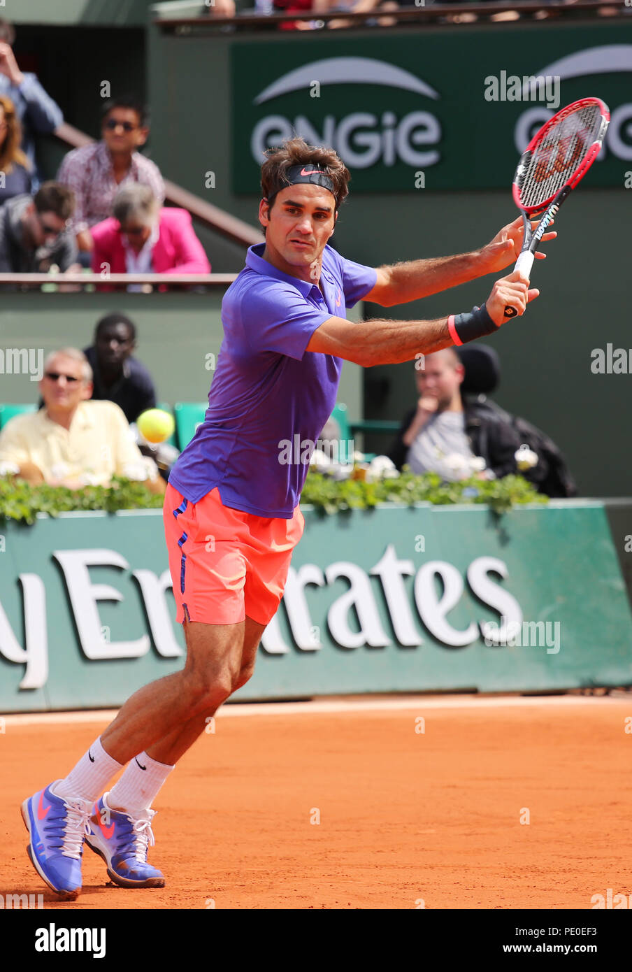 Seventeen times Grand Slam champion Roger Federer in action during his third round match at Roland Garros 2015 Stock Photo