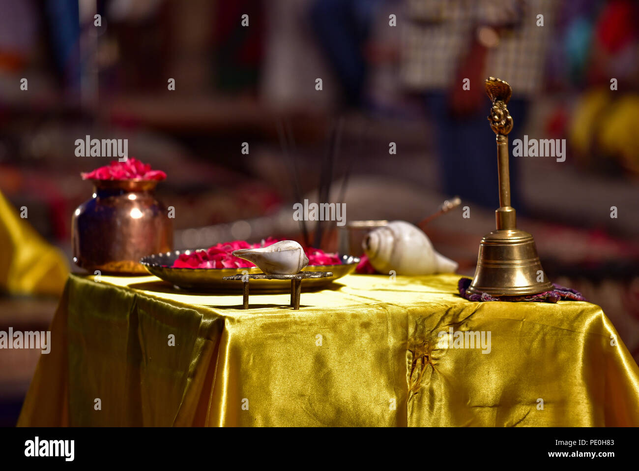 Stuff for evening Ganga Aarti ceremony at Dashashwamedh ghat by Ganges river Stock Photo