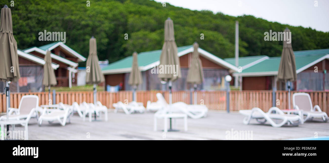 Banner Rustic Landscape Wooden Houses Hill Forest Sky Defocus