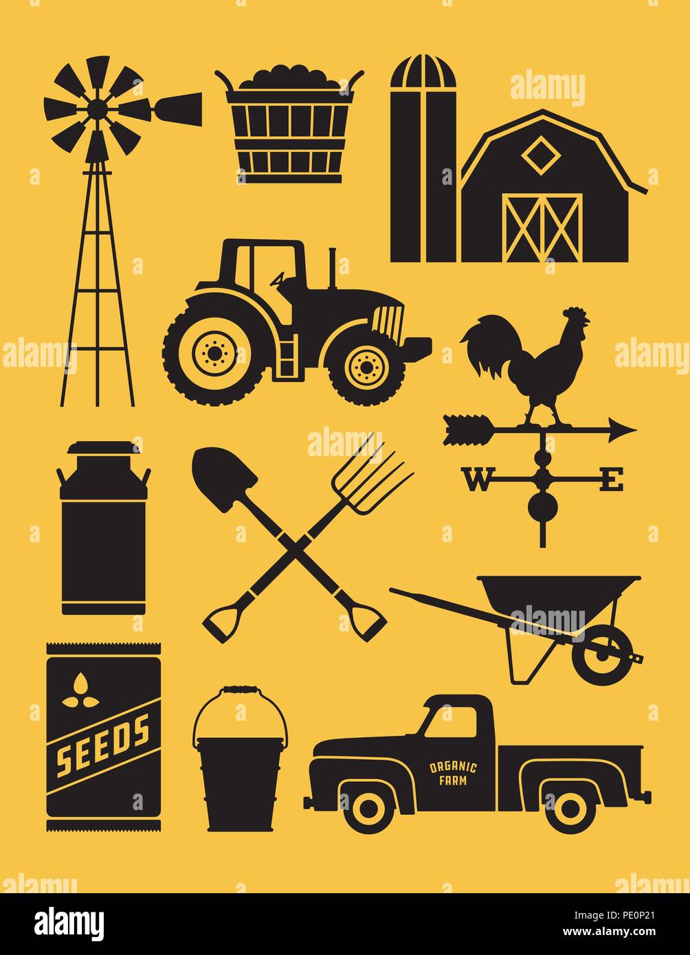 Set of 11 detailed farm icon illustrations. Realistic and highly detailed silhouette illustrations of farm tools, buildings and vehicles. Stock Vector
