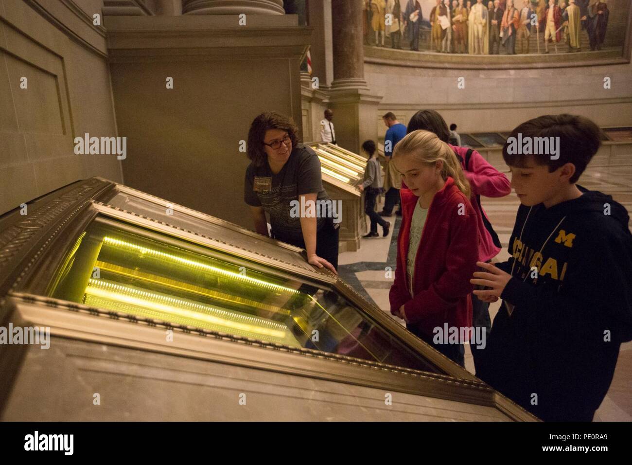 During a space-themed sleepover at the National Archives in Washington, DC, on February 24-25, 2018, intrepid explorers learn about the mysteries of space travel with former space shuttle astronaut Charles Bolden; dive into our nation’s treasured records, including historic NASA files; explore the National Archives Museum with a scavenger hunt; sleep in the Rotunda next to the Charters of Freedom; and wake to a pancake breakfast served by the Archivist of the United States. Stock Photo