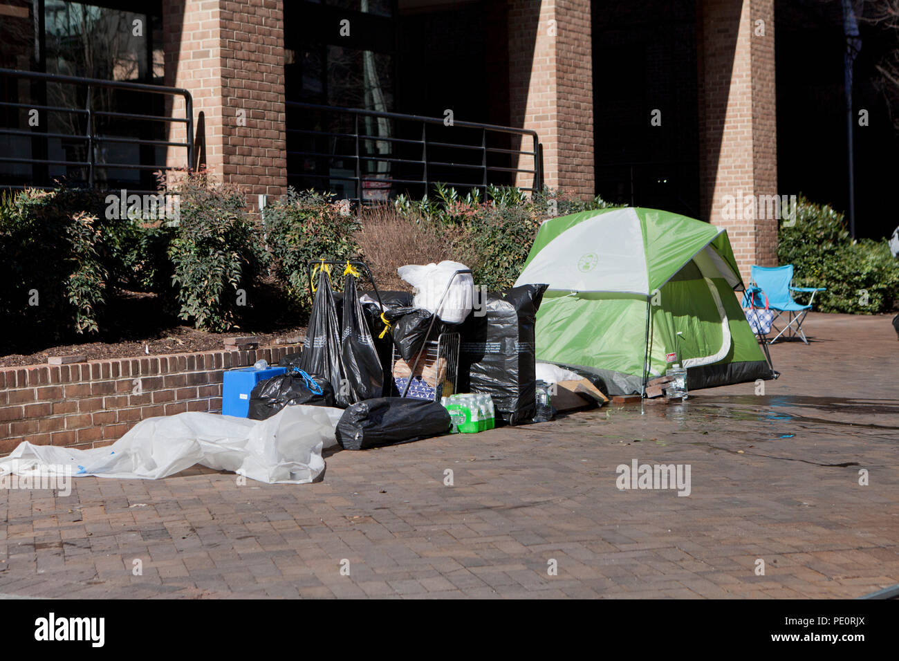 Homeless tents (sidewalk tent) in urban environment - Washington, DC USA Stock Photo