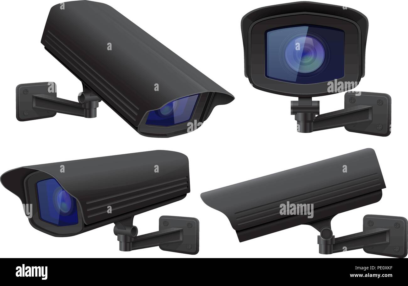 Security camera set. Black CCTV surveillance system Stock Vector