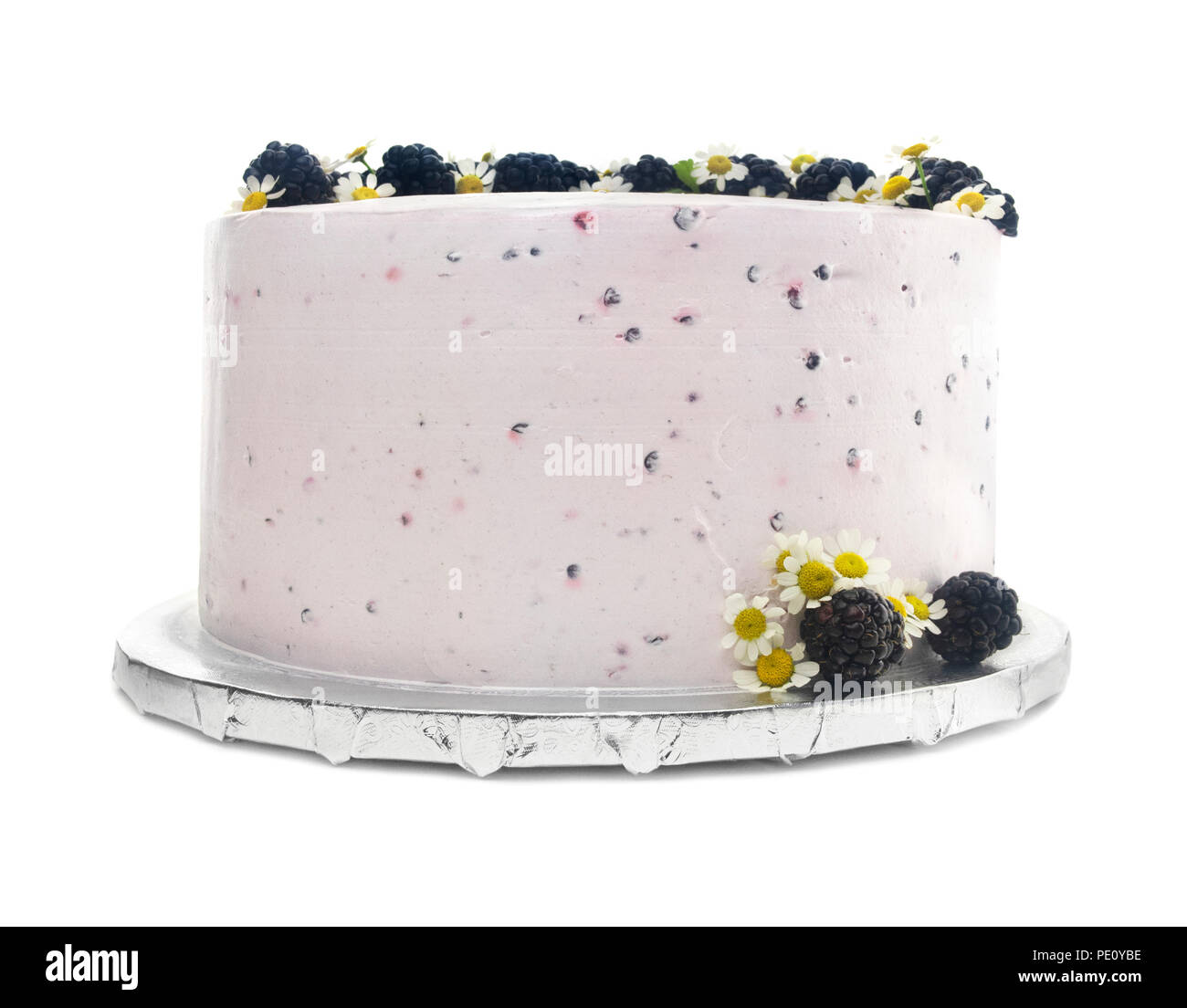 Isolated Blackberry Buttercream Cake With Flowers. Stock Photo