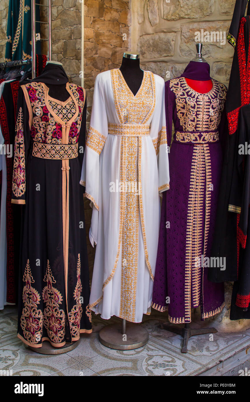 Israel 11 May 2018. Full length Muslim Kaftan Gowns on display in