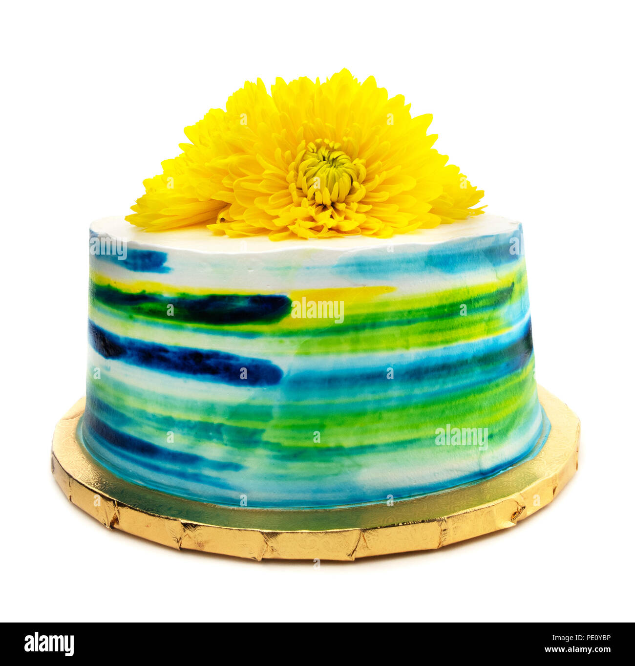 Teal blue and yellow colored butter cream frosted cake with yellow flowers. Stock Photo