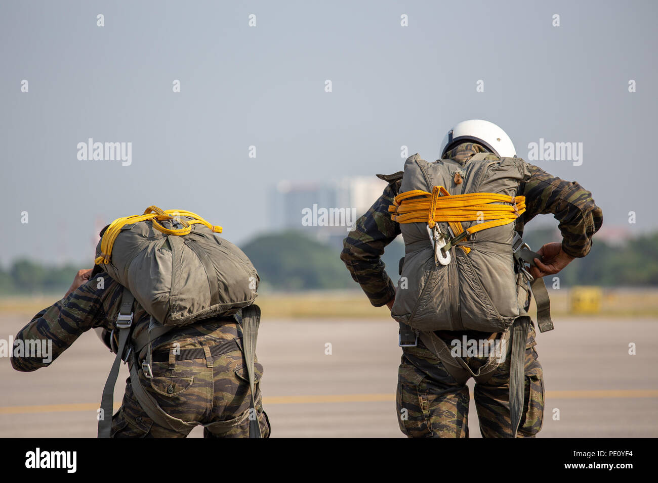 Police paratrooper in camouflage uniform and helmet are checking T-10 static line parachute harness and equipment  for safety before tactical jump at  Stock Photo
