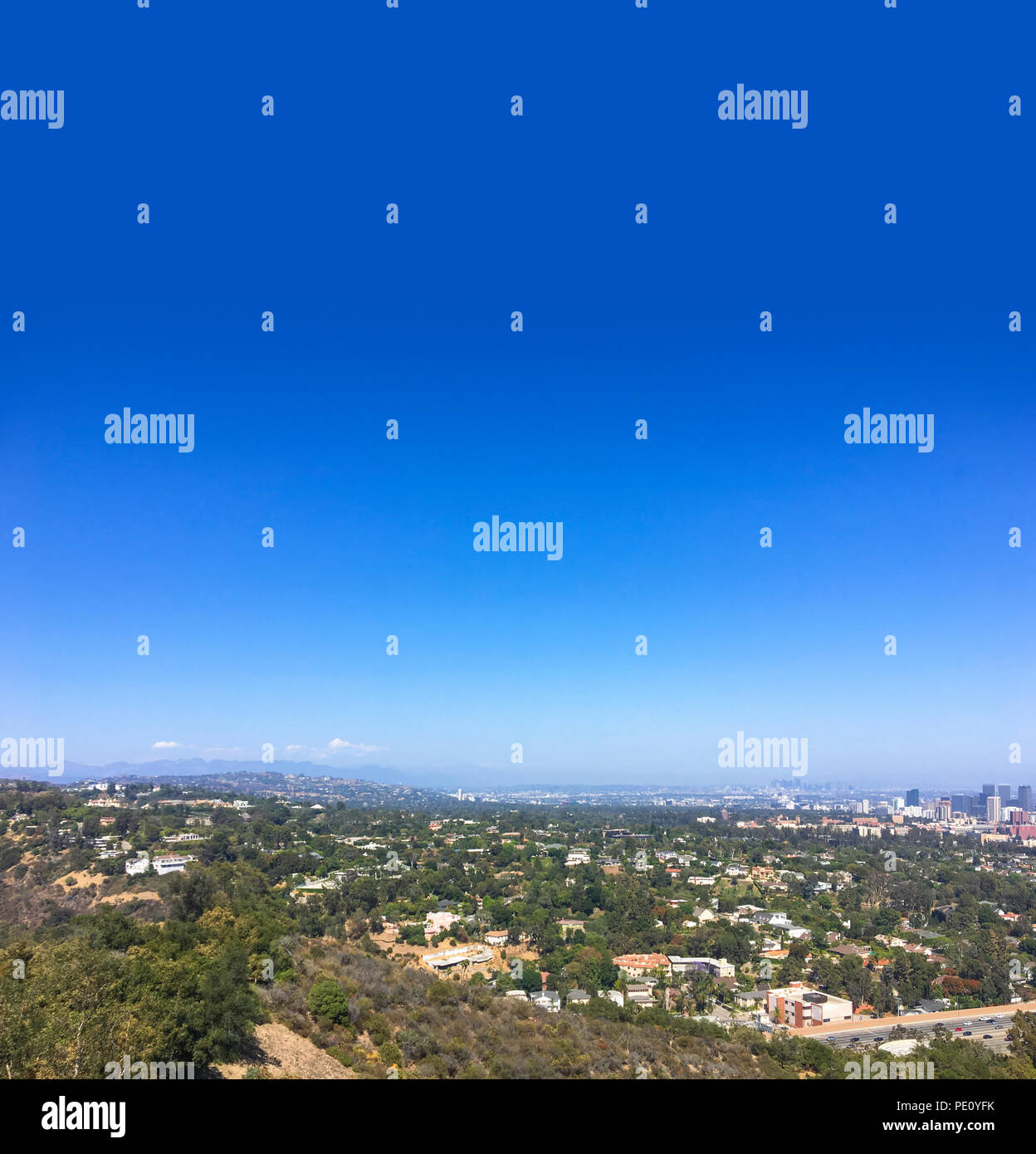 Santa Monica Mountain hilltop overlooking West Los Angeles. Hills overlooking 405 freeway and Westwood downtown. Stock Photo