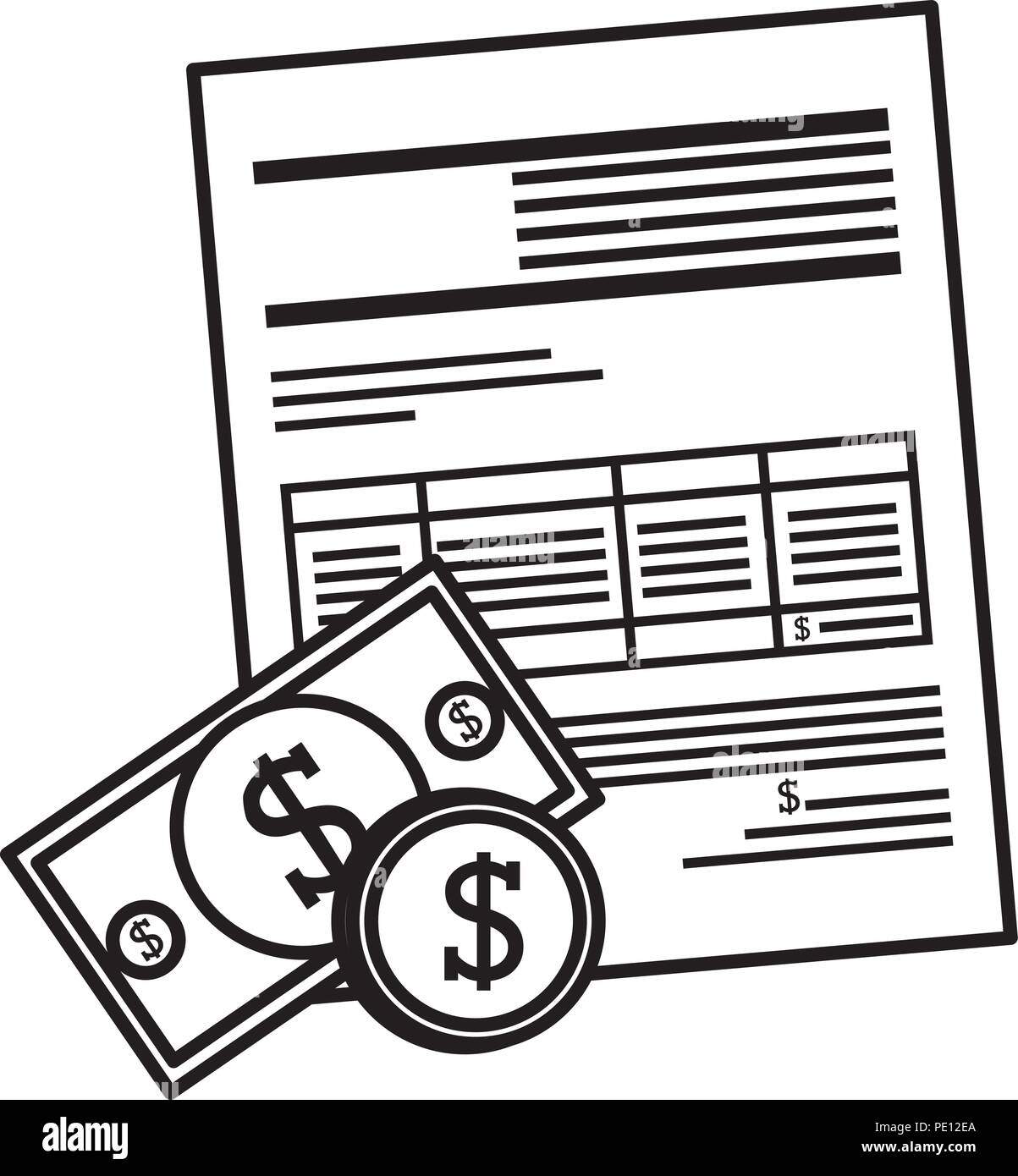bills and coins dollars with document vector illustration design Stock ...