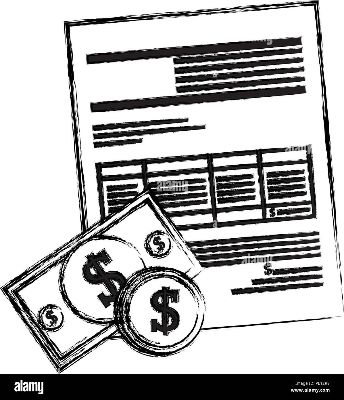 bills and coins dollars with document vector illustration design Stock ...