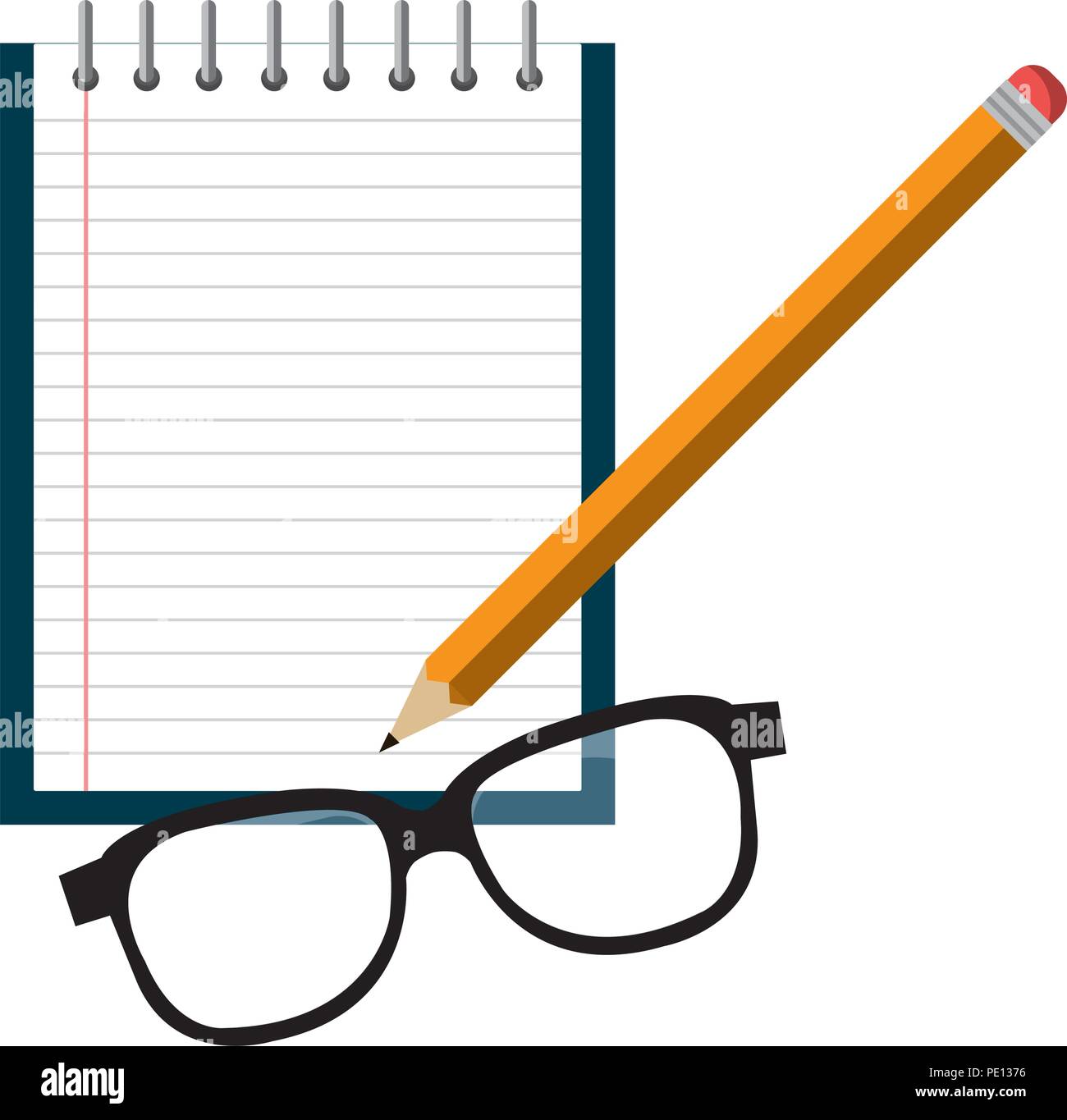 notebook agend with pencil and glasses vector illustration design Stock Vector
