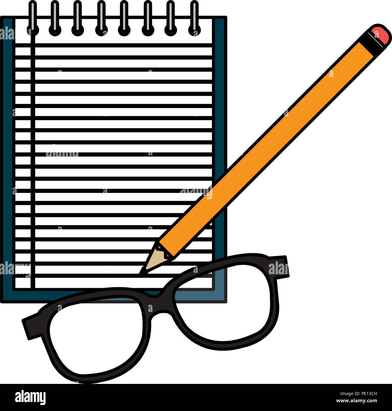 notebook agend with pencil and glasses vector illustration design Stock Vector