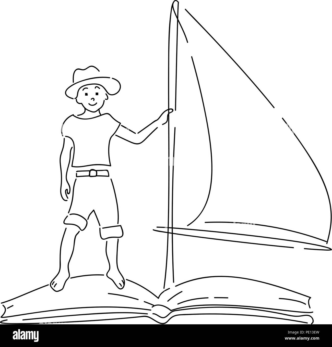 Boy floating on book with sail. Hand drawn style doodle design. Vector illustration Stock Vector