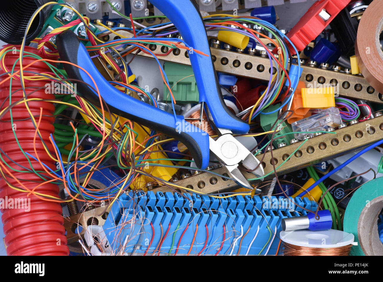 Parts and tools used in electrical installations, directly above Stock Photo