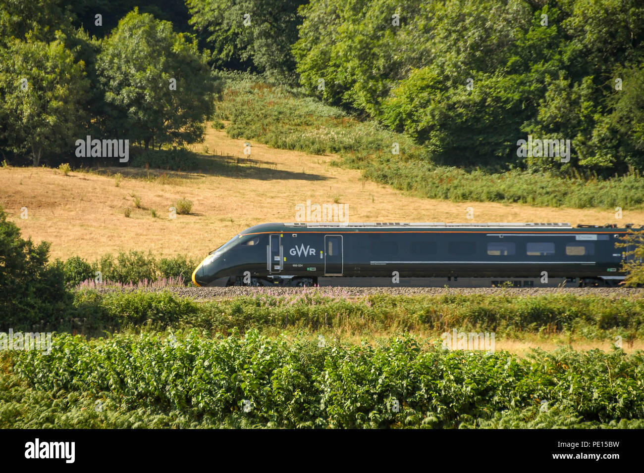 Front of a new inter city express train operated by Great Western Railway at speed through the countryside. Stock Photo