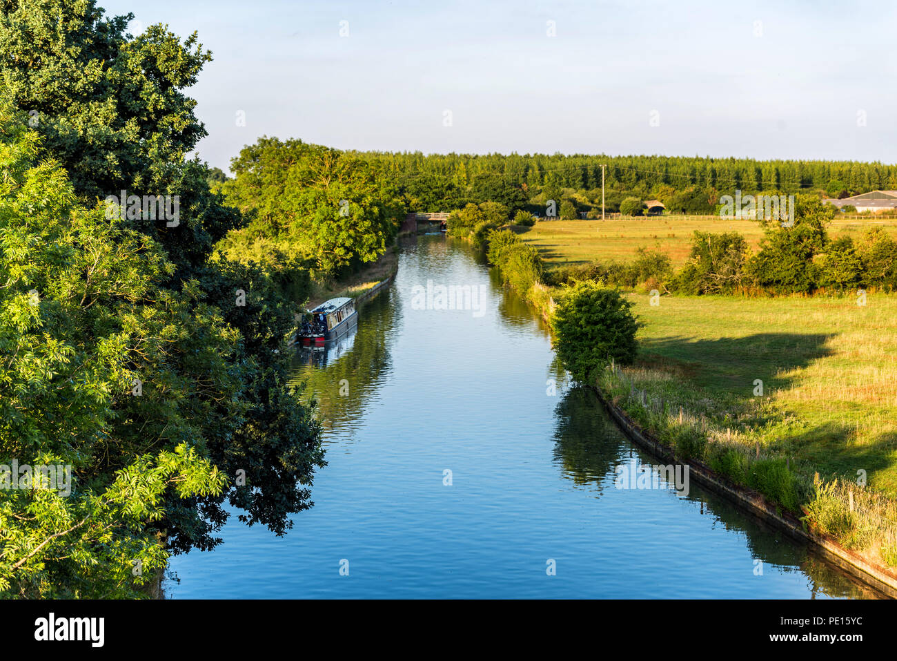 Sunset view British rural landscape scene with river near Northampton. Stock Photo