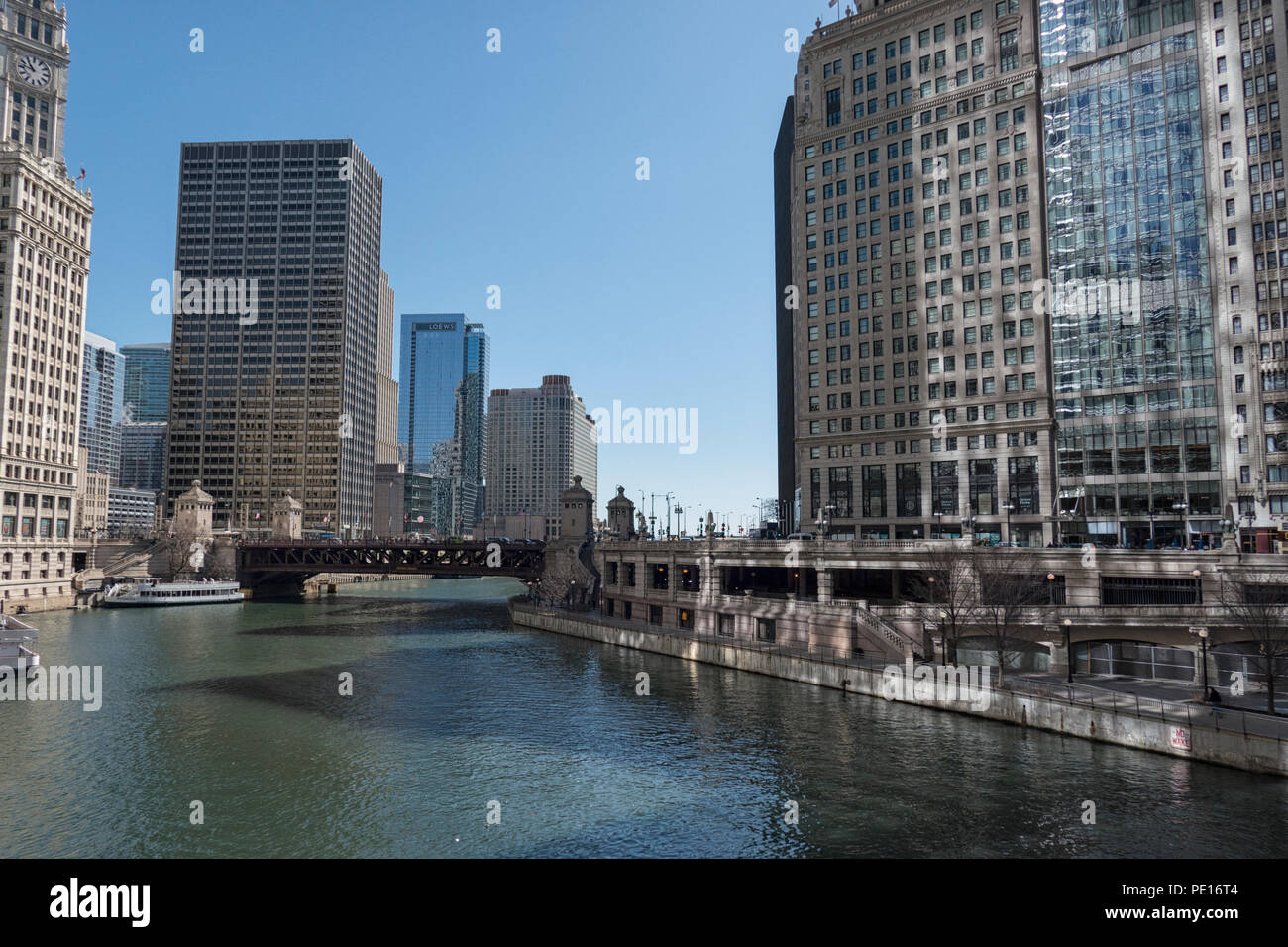 Chicago downtown and Chicago River with bridges Stock Photo