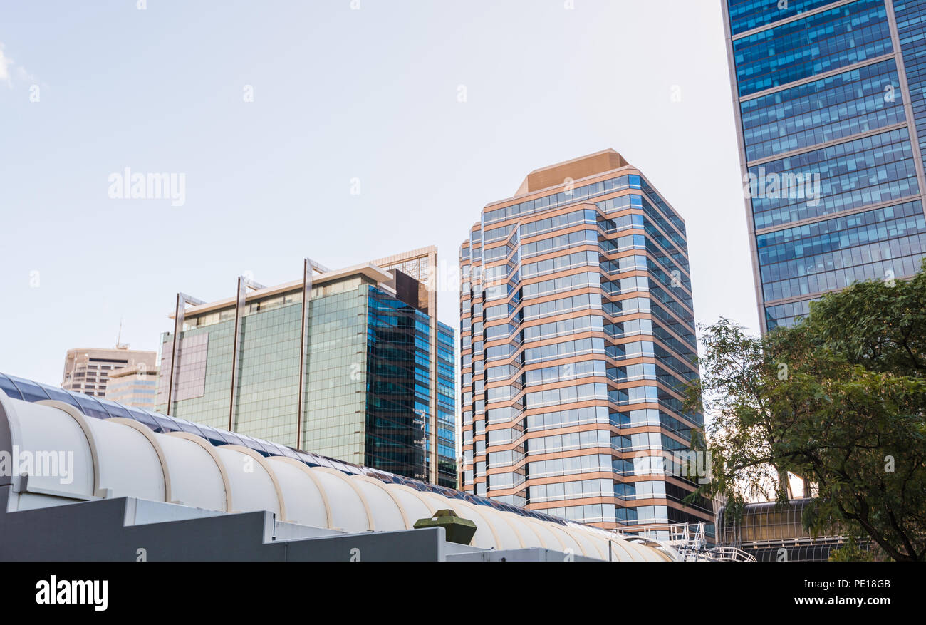 Skyscrapers in the morning light, next to Elizabeth Quay Train Station