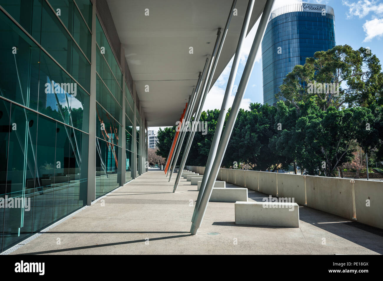steel pillars and large windows, the exterior of Perth Convention and Exhibition Centre in Perth steel pillars and large windows, the exterior of Perth Convention and Exhibition Centre in Perth